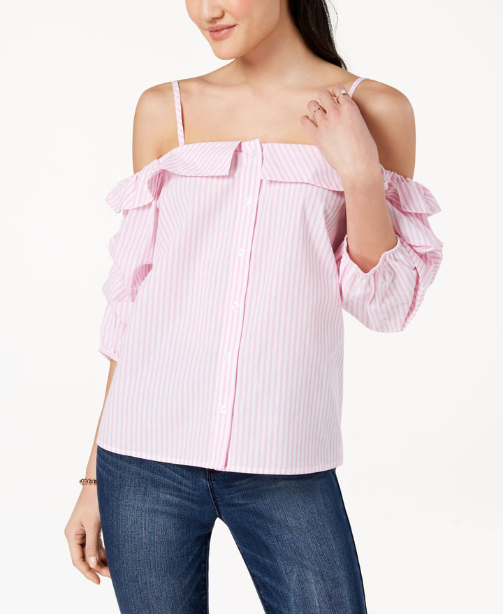 Ultra Flirt By Ikeddi Juniors Striped Off The Shoulder Button Front Blouse