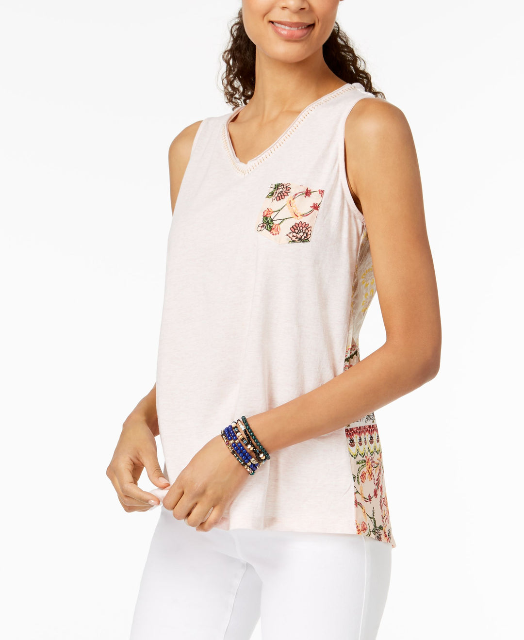 Style & Co Petite Cotton Printed Crochet Back Top