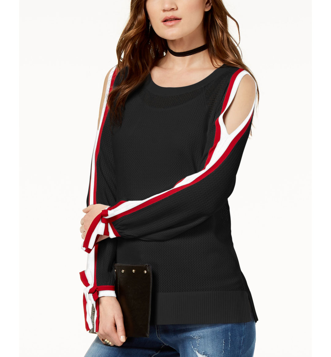 Striped Sleeve Cold Shoulder Top