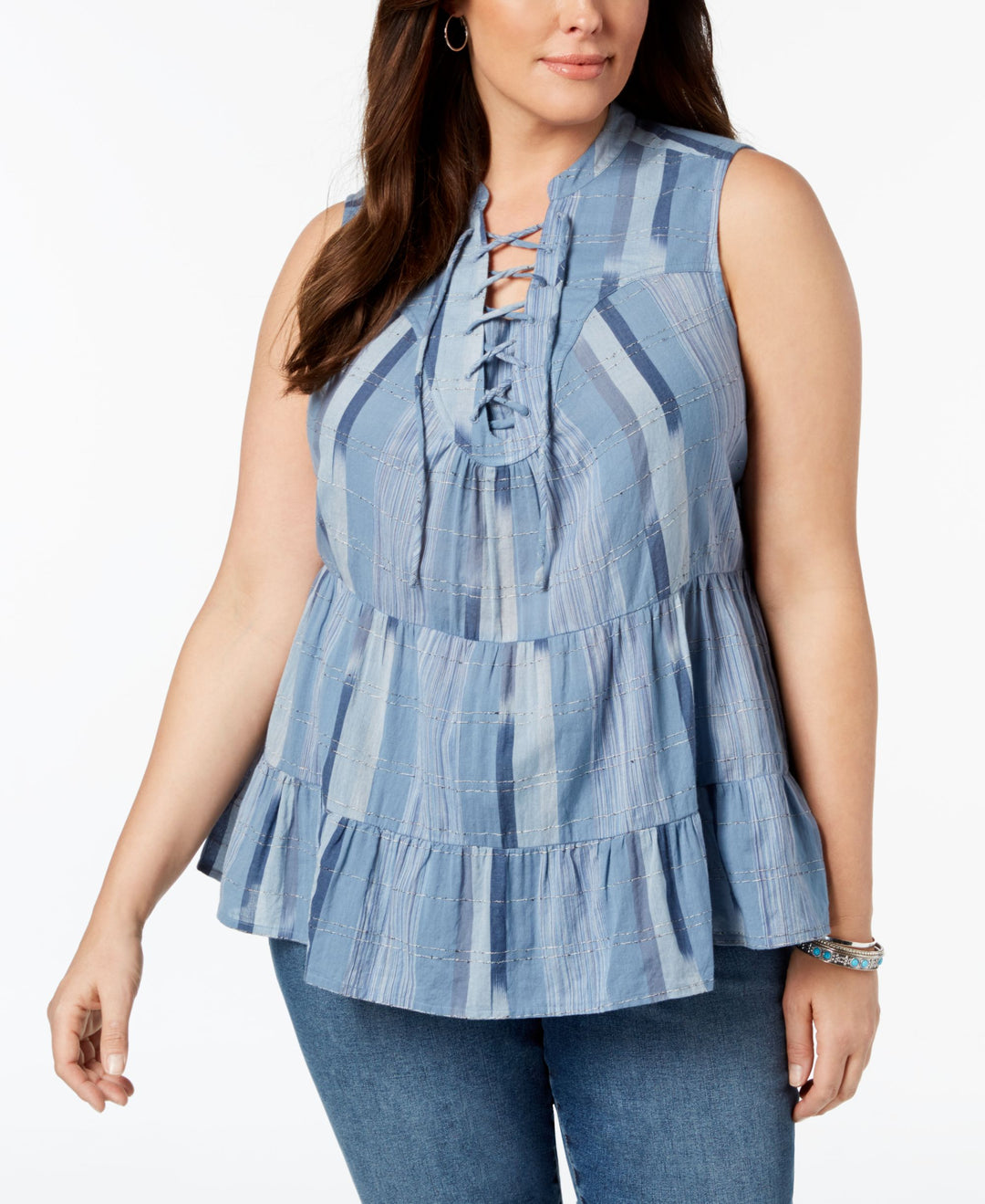 Style & Co Plus Size Cotton Striped Lace Up Ruffled Top
