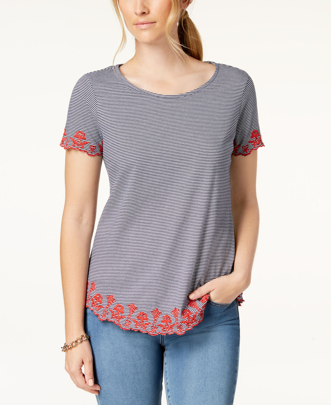 Charter Club Petite Cotton Striped Embroidered Top