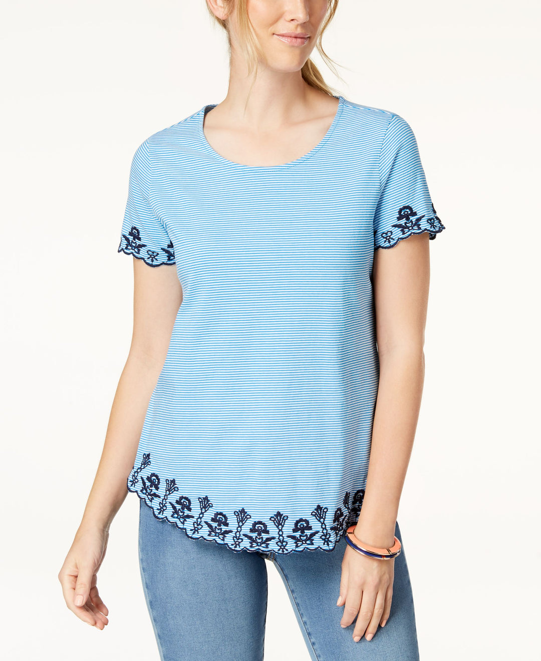 Cotton Striped Embroidered T-Shirt