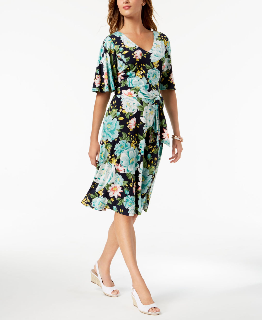 Charter Club Petite Floral Print Flutter Sleeve Dress