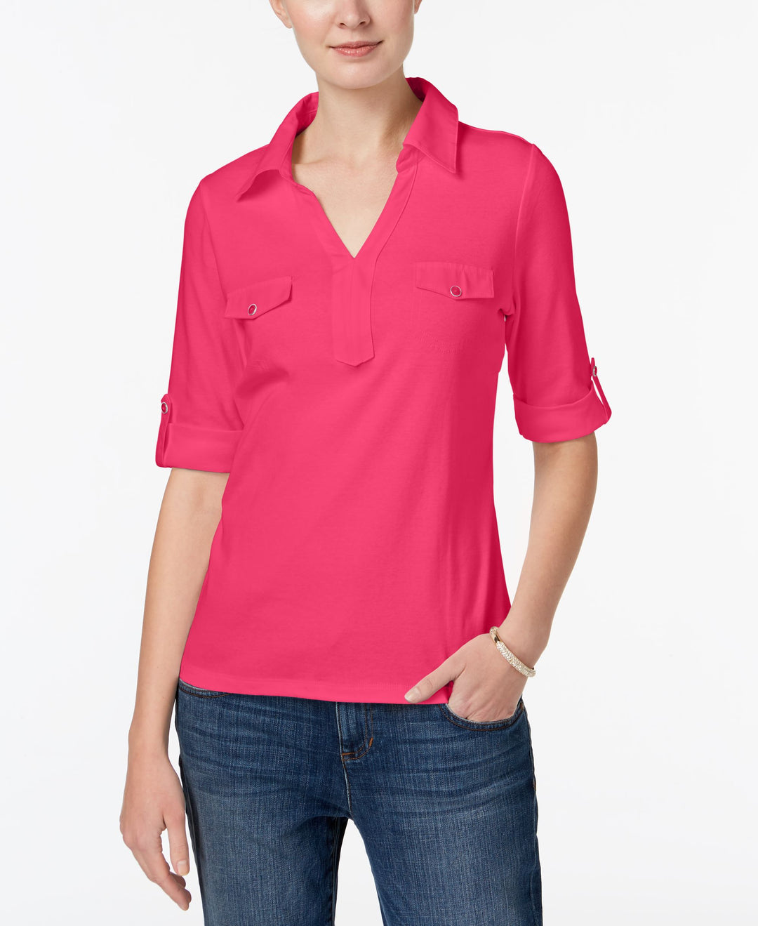 Karen Scott Cotton Roll Tab Sleeve Shirt