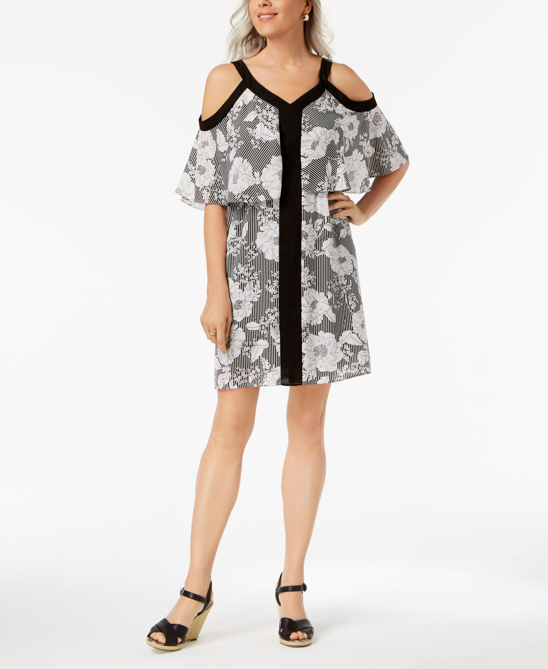 NY Collection Petite Printed Cold Shoulder Popover Dress