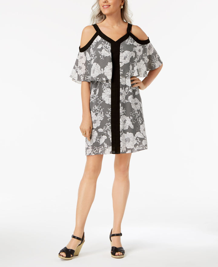 NY Collection Petite Printed Cold Shoulder Popover Dress