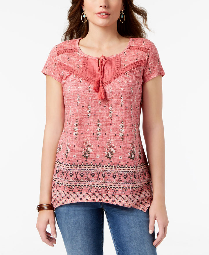 Style & Co Petite Printed Crochet Trim Top