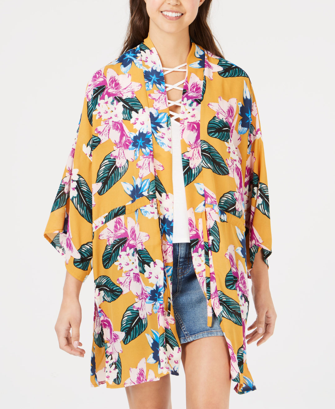 Juniors' Floral-Printed Tie-Front Kimono