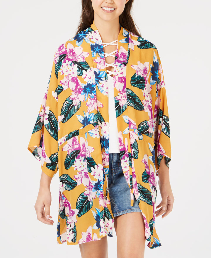 Juniors' Floral-Printed Tie-Front Kimono