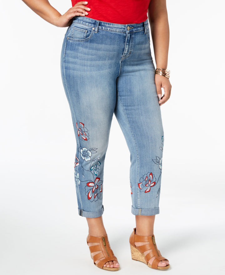 Plus Size Liberty Embroidered  Boyfriend-Fit Ankle Jeans