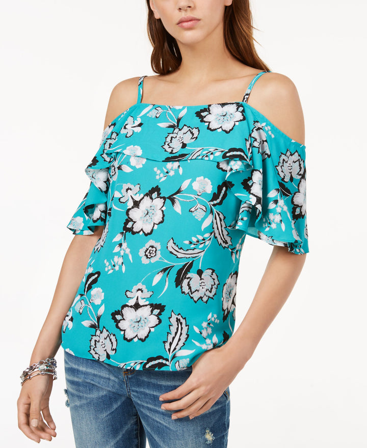 Printed Flounce Cold Shoulder Top