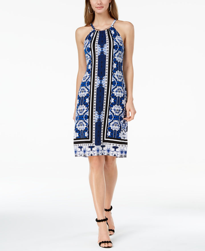 Printed Hardware Neck Halter Dress