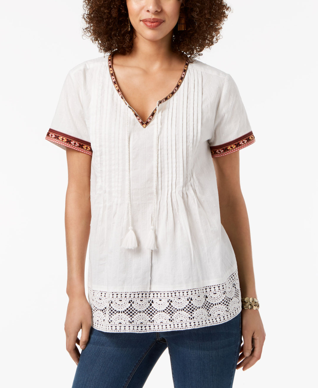 Style & Co Cotton Crochet Trim Top