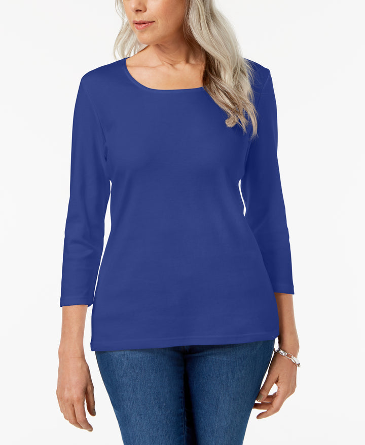 Petite 3/4 Sleeve Cotton Scoop-Neck Top