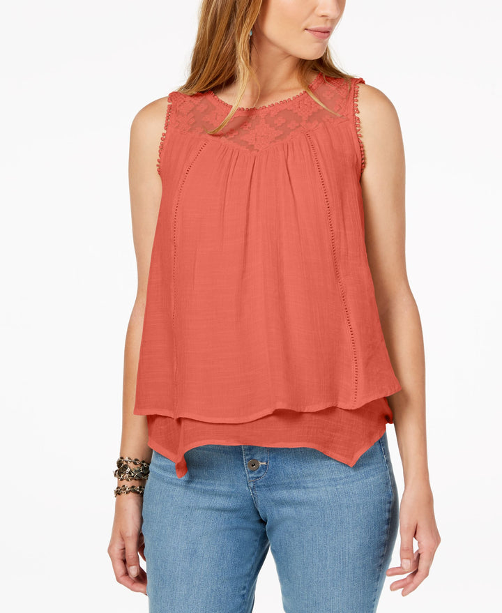 Petite Layered-Hem Lace-Trim Top