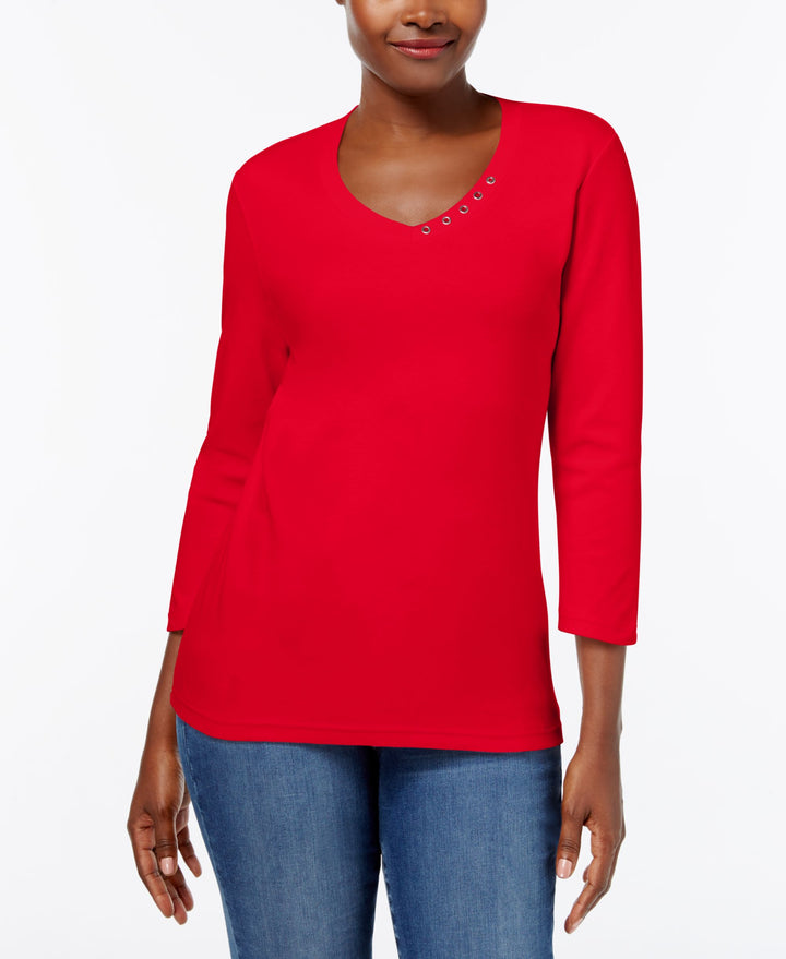 Karen Scott Cotton V Neck Button Top