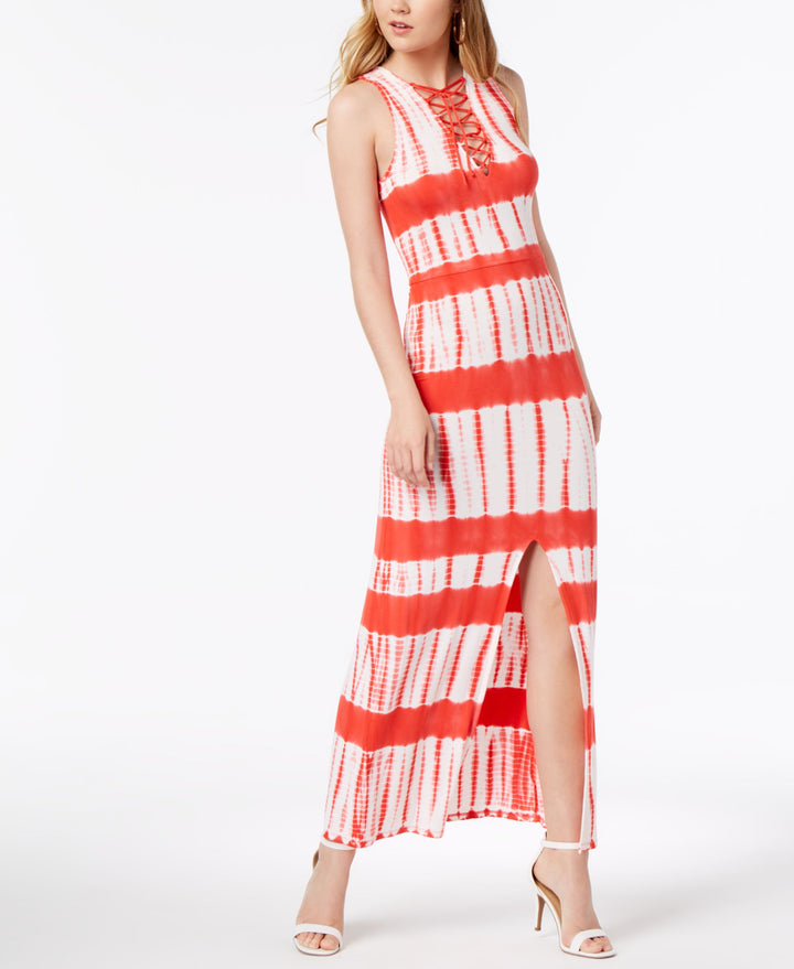 Juniors' Printed Lace-Up Maxi Dress