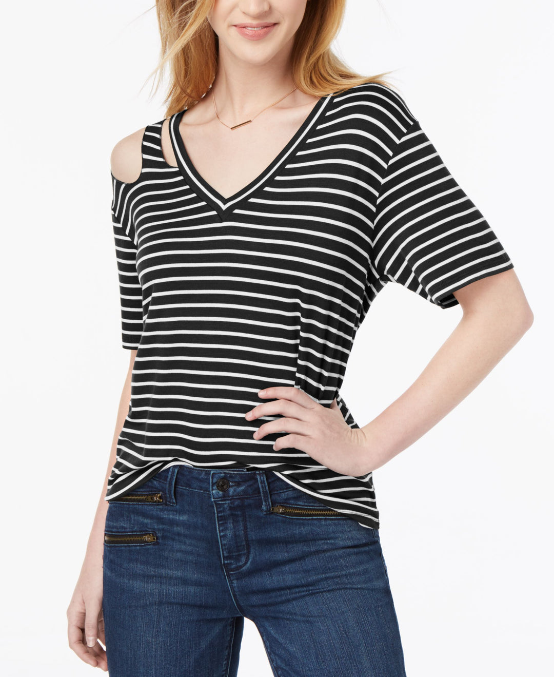 Juniors' Striped Cutout T-Shirt