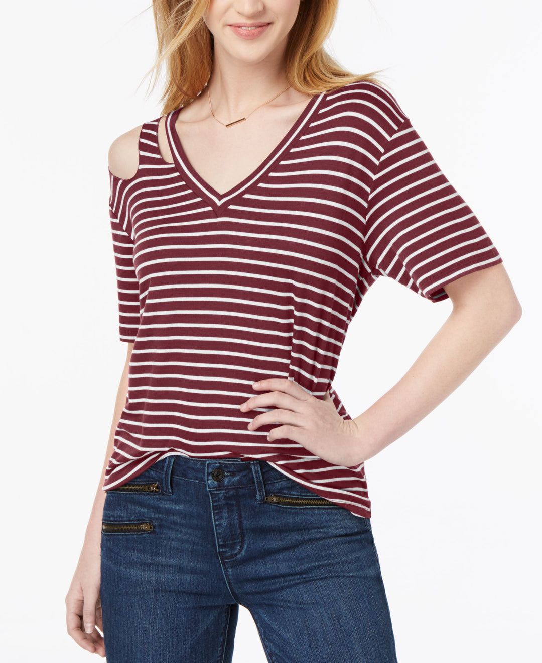 Juniors' Striped Cutout T-Shirt