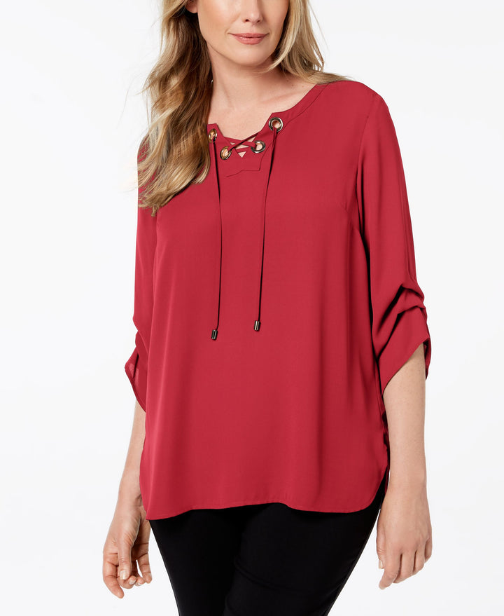 JM Collection Petite Grommet Lace Up Top