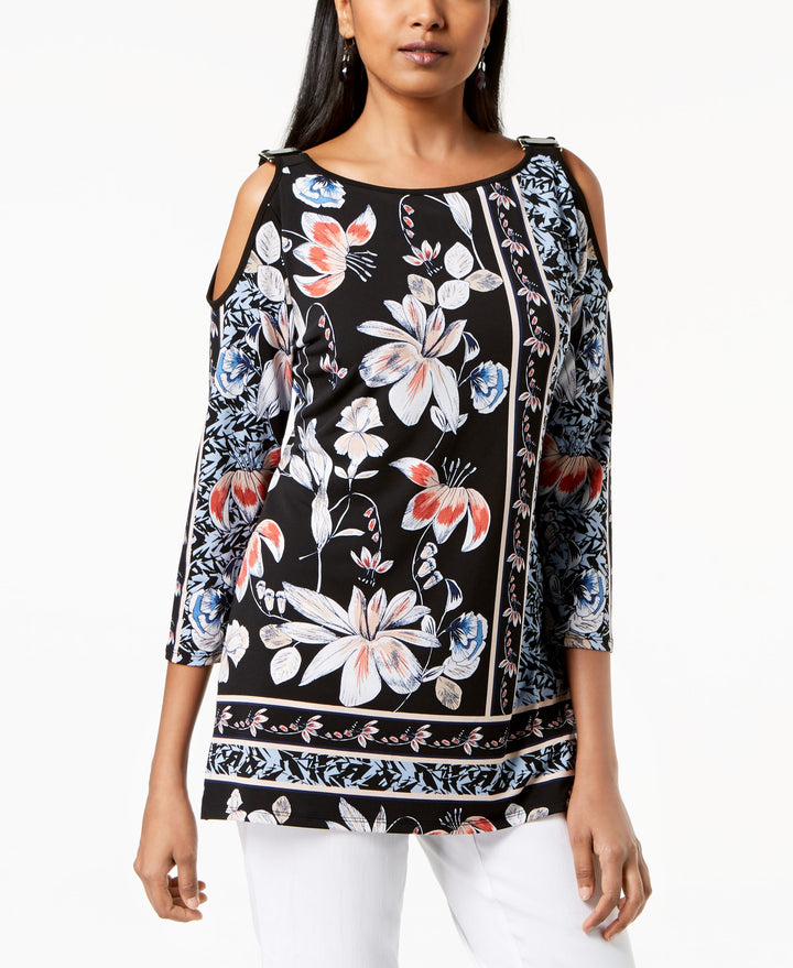JM Collection Printed Embellished Cold Shoulder Top