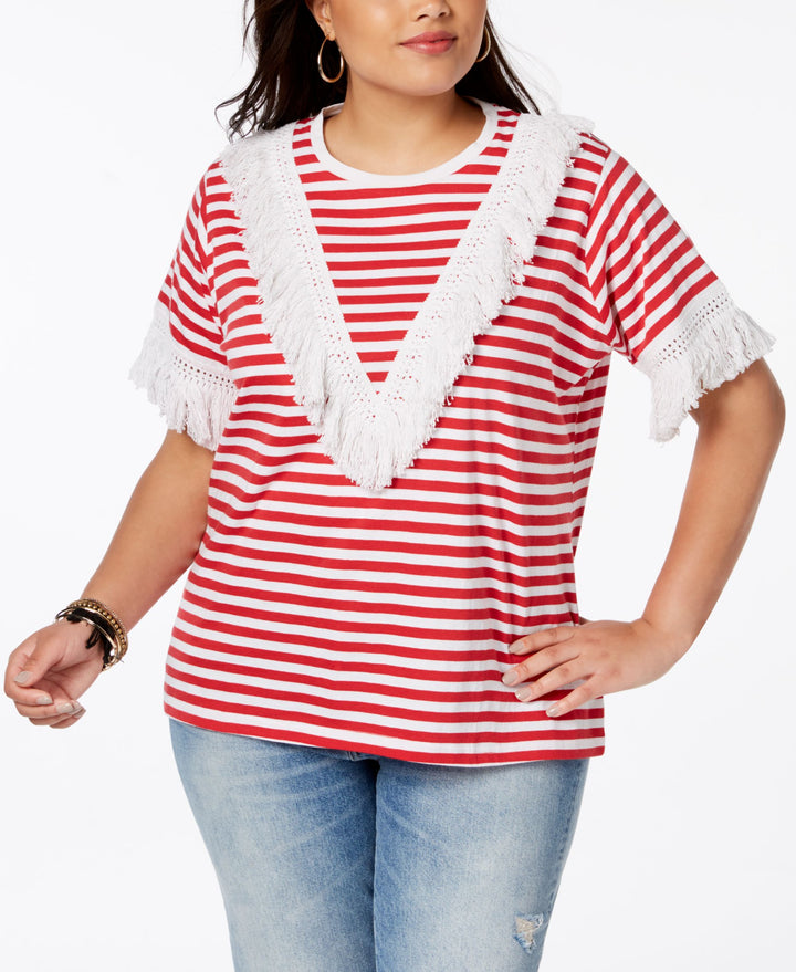 Say What Trendy Plus Size Cotton Fringe Trim T-Shirt