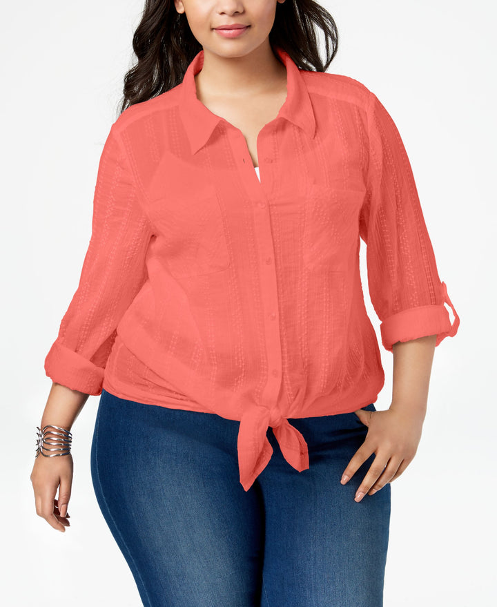Style & Co Plus Size Sheer Tabbed Sleeve Shirt