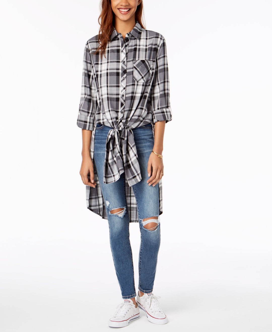 Ultra Flirt By Ikeddi Juniors Plaid Tie Front Tunic