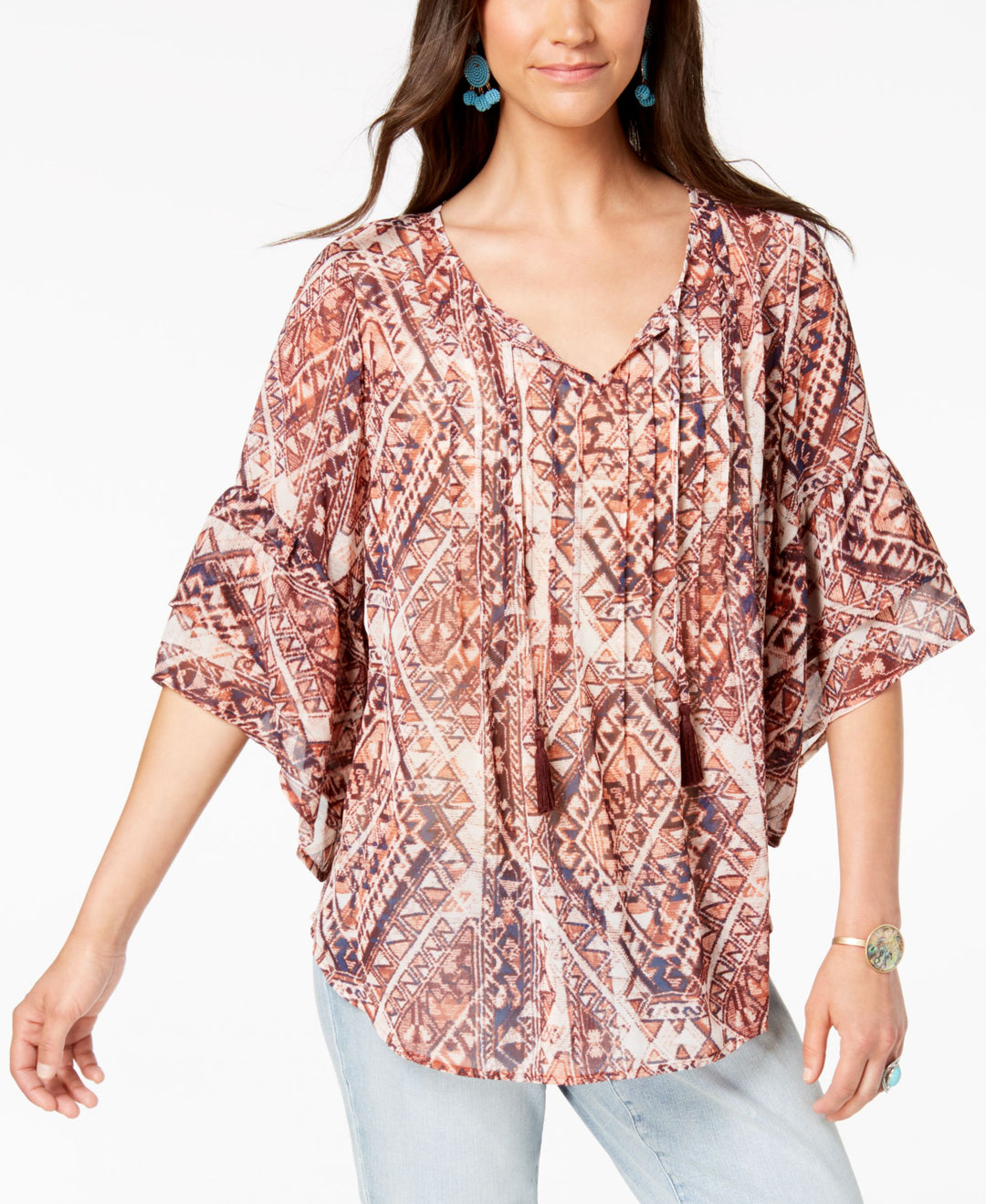Style & Co Geo Print Pintuck Peasant Top