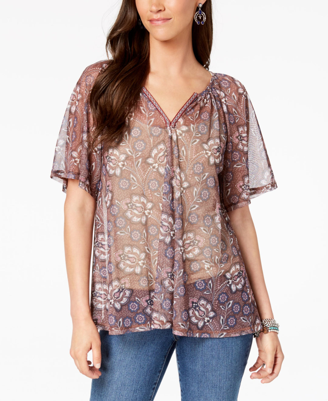 Style & Co Floral Print Mesh Top