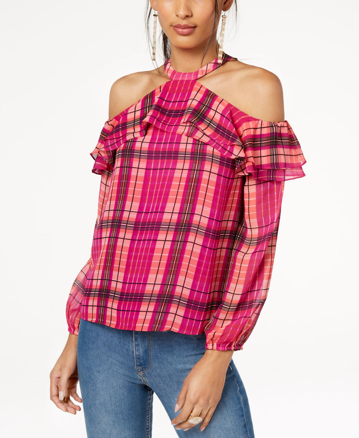 Ruffled Plaid Cold Shoulder Top