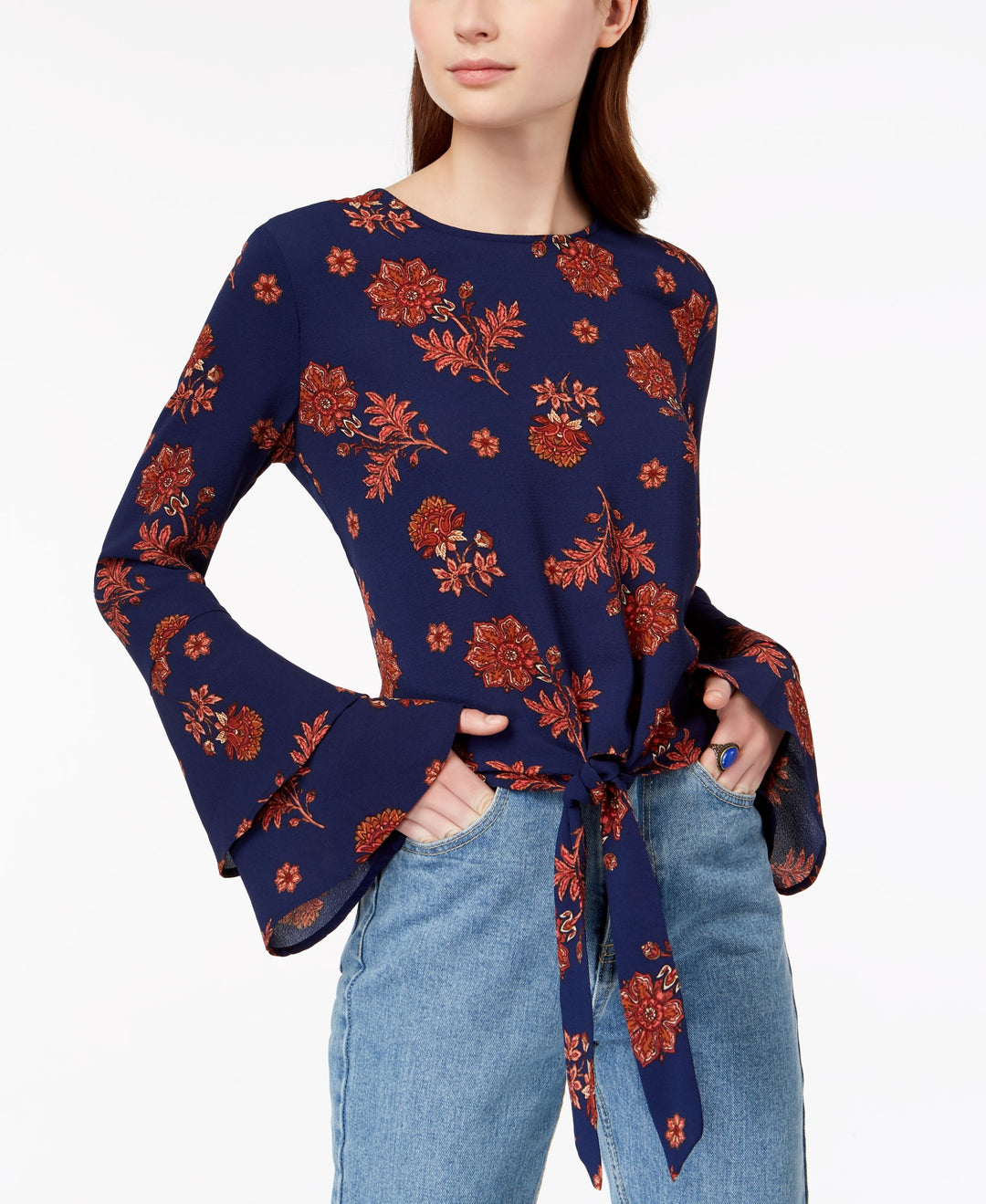 Juniors' Bell-Sleeve Tie-Front Top