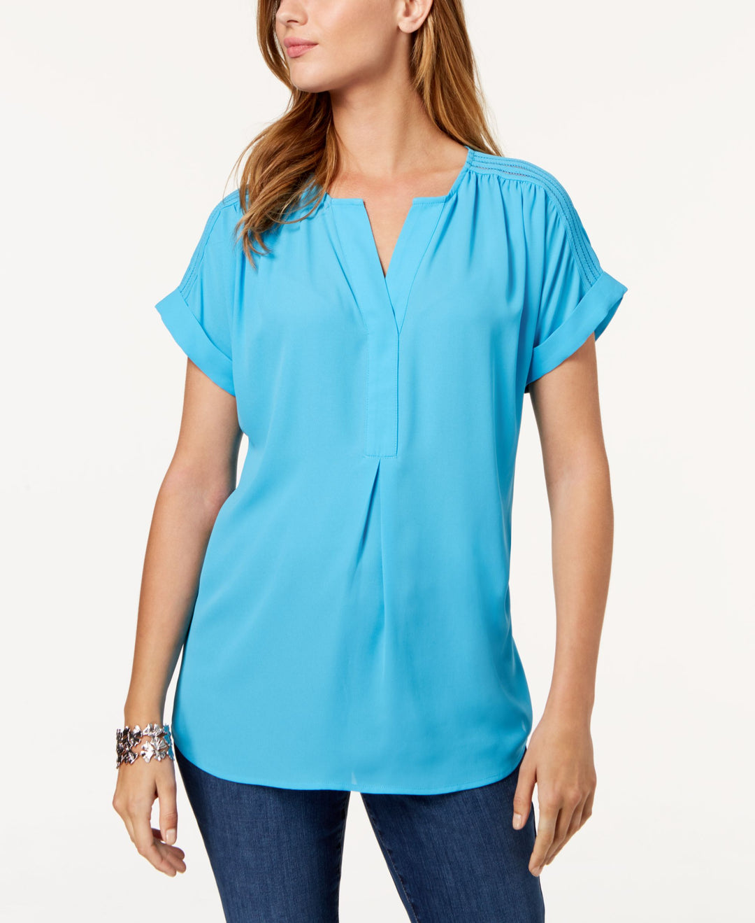 Charter Club Cuffed Sleeve Split Neck Top