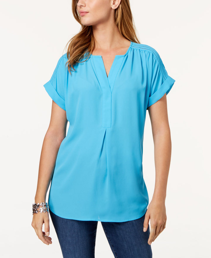 Charter Club Cuffed Sleeve Split Neck Top