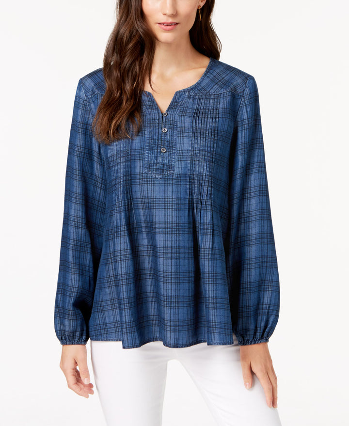 Style & Co Plaid Pintucked Peasant Top
