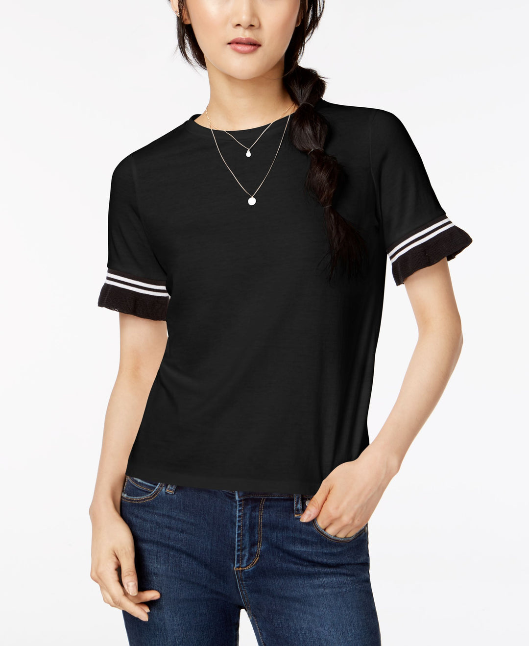 Juniors' Contrast Stripe Ruffle-Sleeve T-Shirt