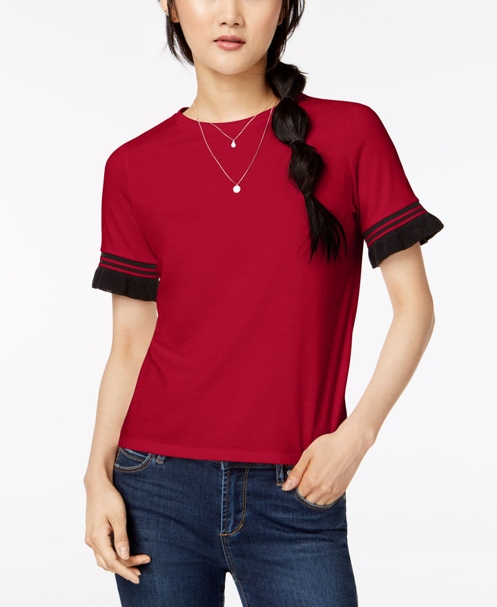Juniors' Contrast Stripe Ruffle-Sleeve T-Shirt