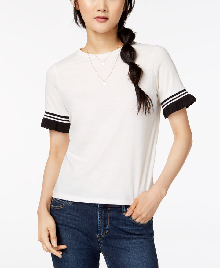 Juniors' Contrast Stripe Ruffle-Sleeve T-Shirt