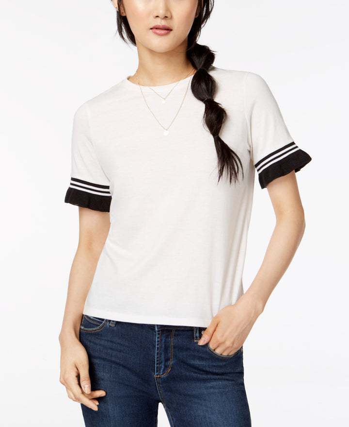 Juniors' Contrast Stripe Ruffle-Sleeve T-Shirt