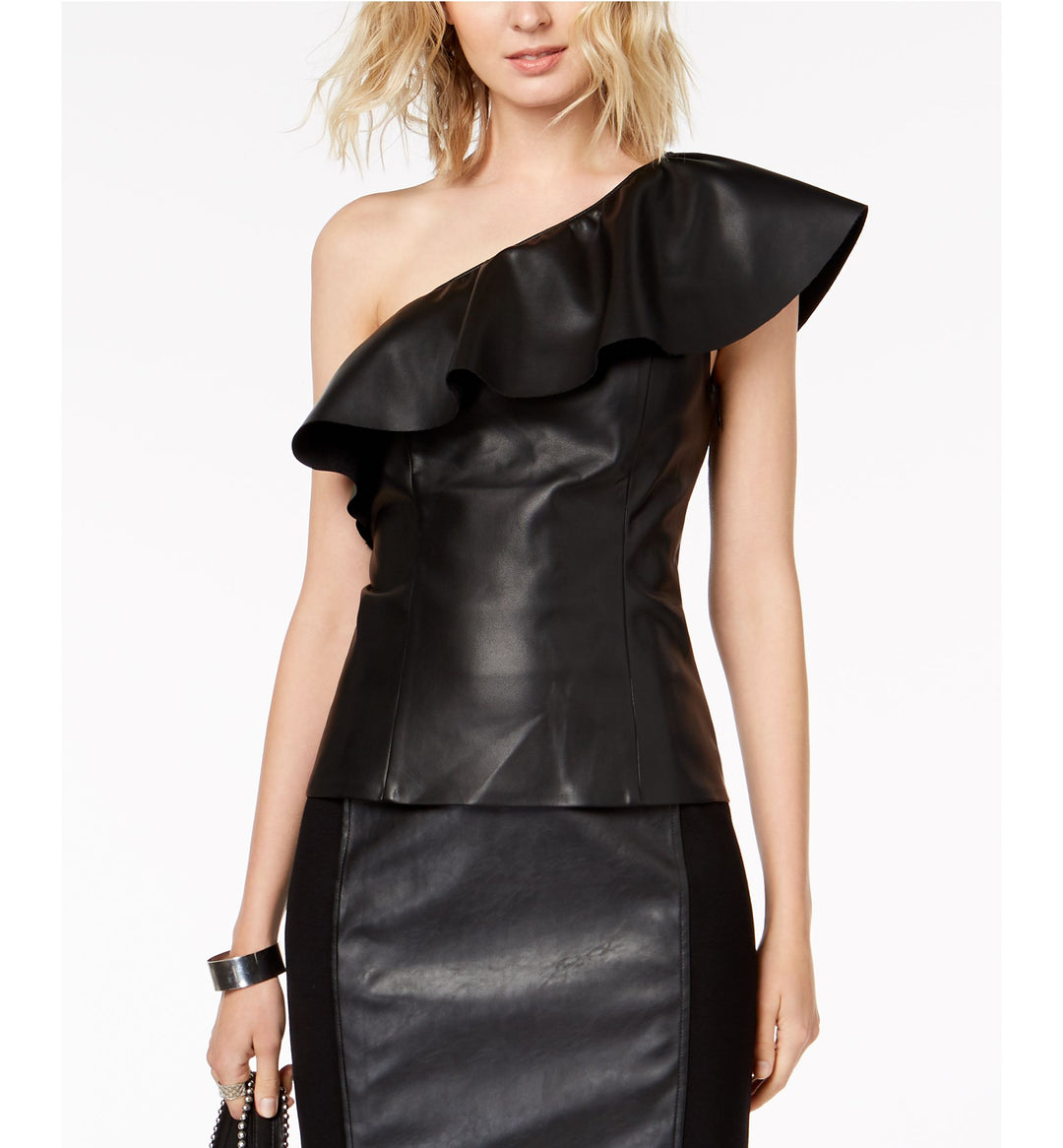 Faux Leather One Shoulder Top Deep Black S