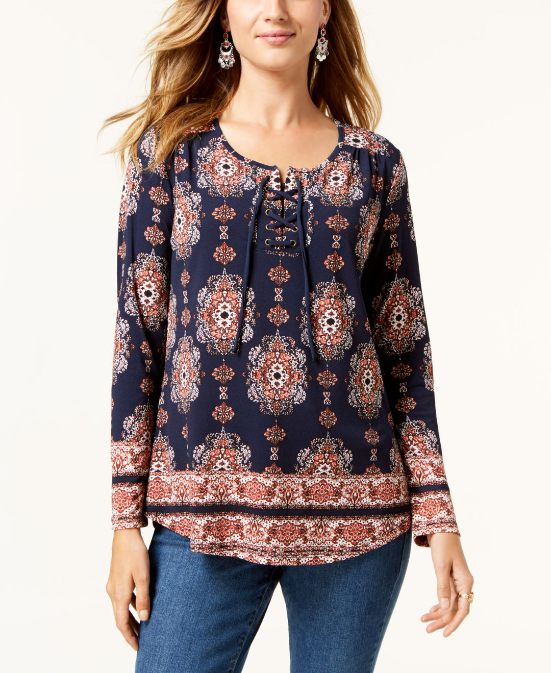 Style & Co Printed Lace Up Top