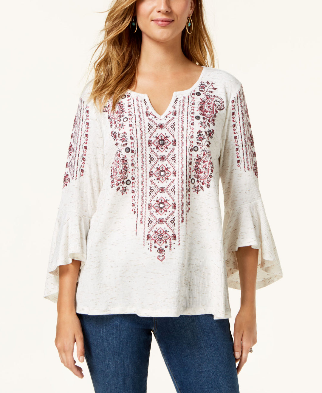 Printed Split-Neck Angel-Sleeve Top