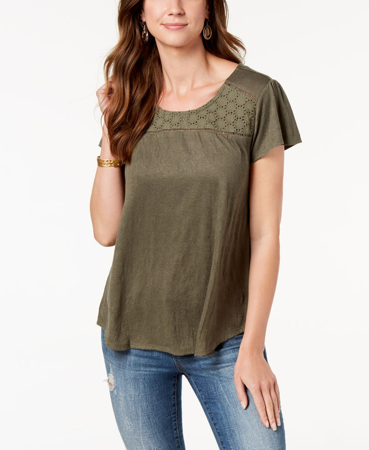 Style & Co Petite Crochet Trim Flutter Sleeve Top