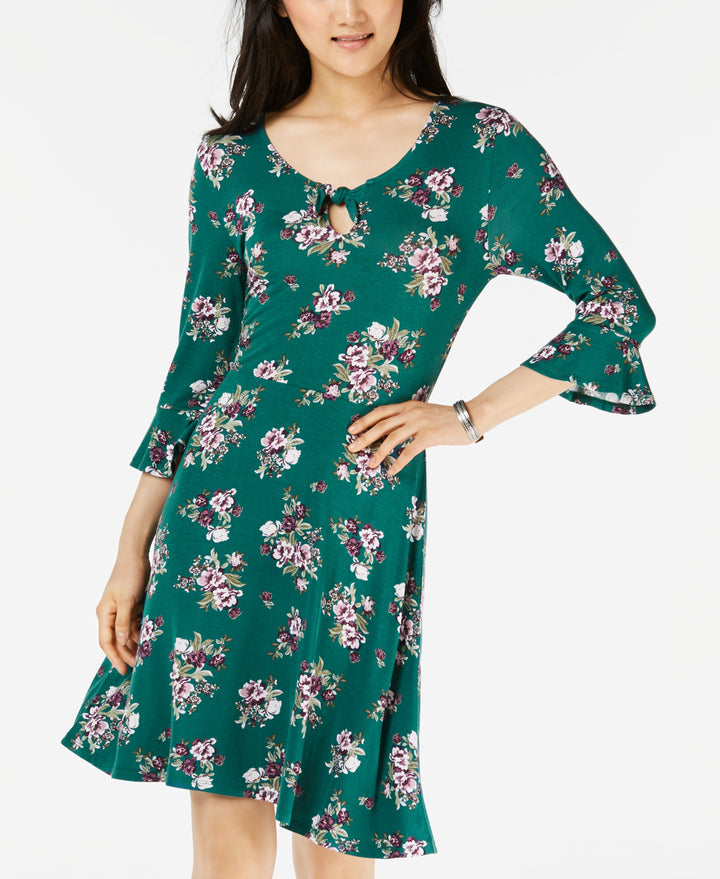 Juniors' Keyhole Printed Bell-Sleeve Dress