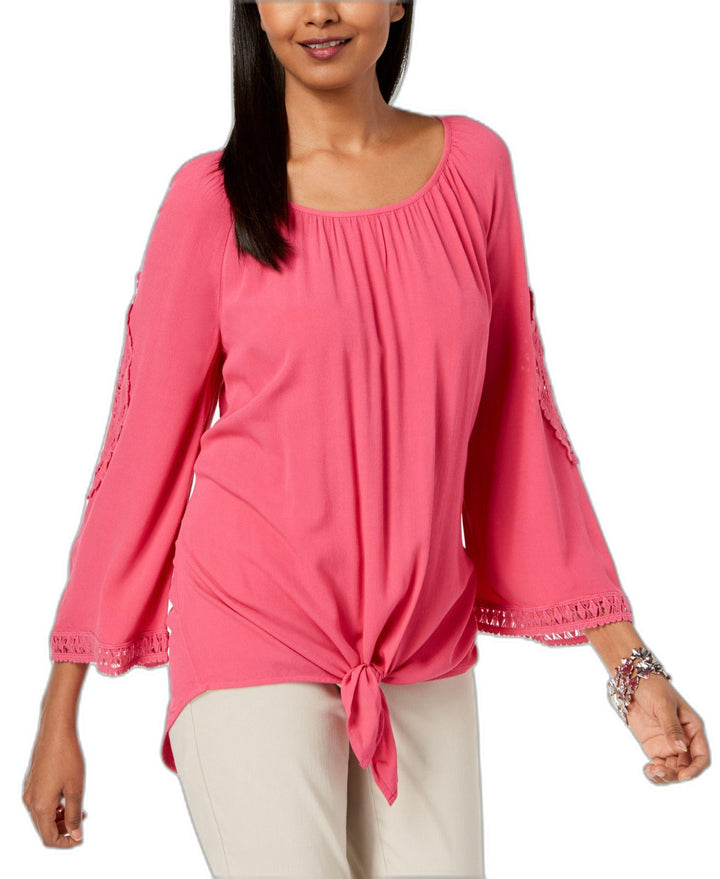 JM Collection Crochet Inset Tie Hem Top