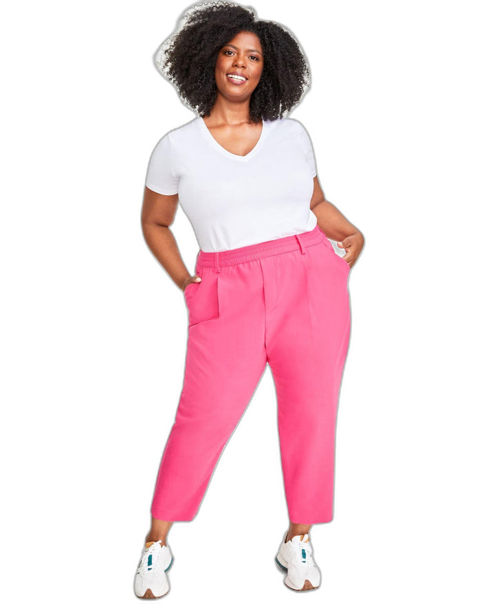 Plus Size Solid Double-Weave Ankle Pants
