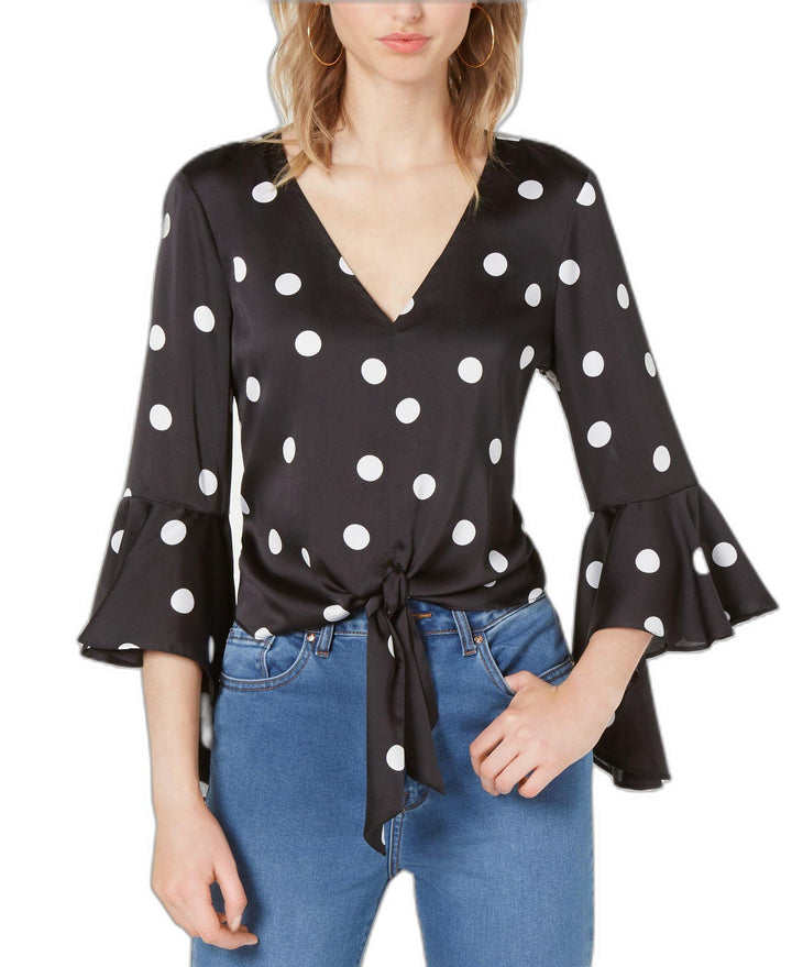 Bar III Dot Print Bell Sleeve Tie Hem Top
