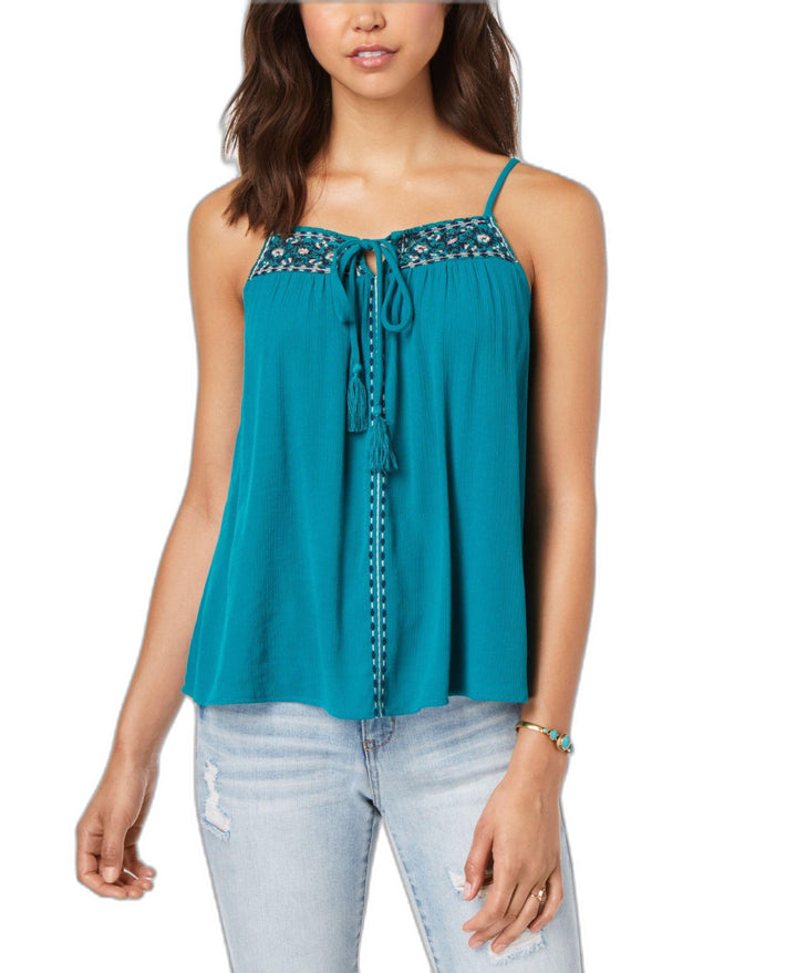 Juniors' Embroidered Tie-Front Tank Top