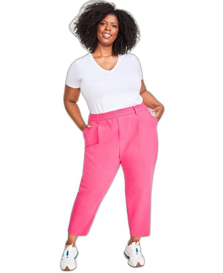 Plus Size Solid Double-Weave Ankle Pants
