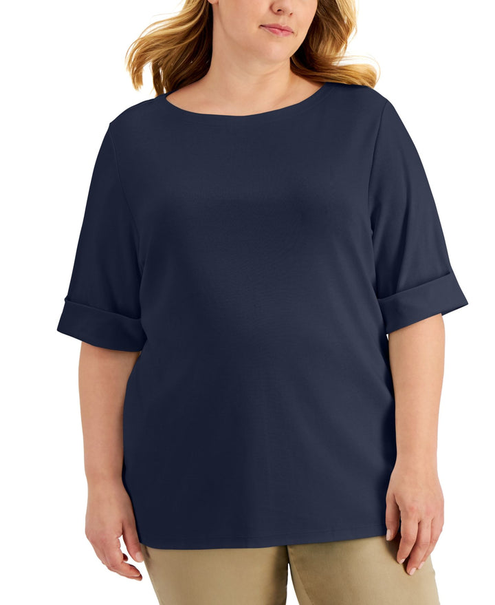 Plus Size Cotton Elbow-Sleeve Top